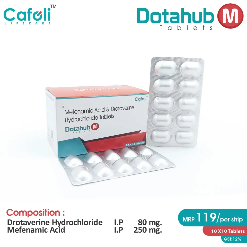 Drotaverine (80mg) + Mefenamic Acid (250mg) Tablet at Best Price in PCD Pharma Franchise for Antispasmodic and Pain Relief, Muscle Relaxant.